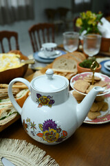 tea set,  breakfast in the morning, table setting, table setting for a dinner, table and chairs in a restaurant, table and chairs, breakfast table, hotel breakfast, afternoon tea, set table, abundant 