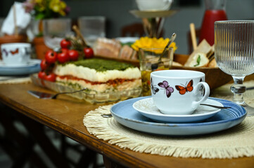 tea set on a table,  breakfast in the morning, table setting, table setting for a dinner, table and chairs in a restaurant, table and chairs, breakfast table, hotel breakfast, afternoon tea, set table