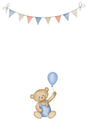Watercolor Template for greeting card with Teddy Bear, balloon and garland. Drawing of frame with little cute animal in pastel brown and blue colors for Baby shower invitations or happy birthday.
