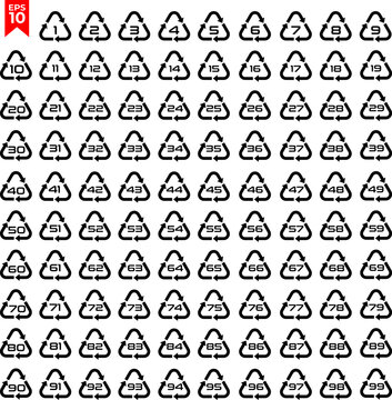 Recycling set icon. Vector illustration. Pete 1, HDPE 2, PVC 3, LDPE 4, pp5, ps6, gls 71, pap20, pap 21, tex60, fe,recycle, plastic, organic, glass, metal, glass, polyamide

