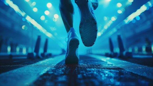 Close-up of a sprinter's feet on a track illuminated by blue lighting, capturing motion and athletic intensity.
