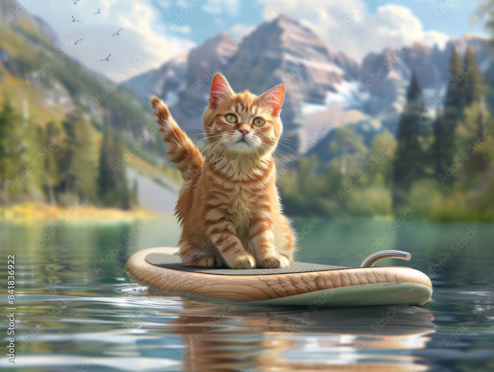 Sticker Kitten on Paddle Board in Lake, Generative AI Illustration