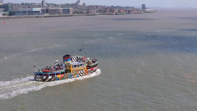 Aerial view of Mersey ferry going down the River Mersey