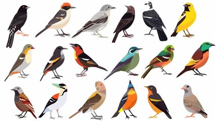 Vector illustration of a variety of birds on a white background