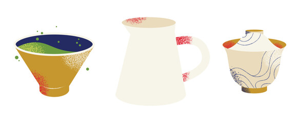 Oriental tea ceremony attributes set. Cups, teapot, table, tray. Green, pu erh, oolong. Japanese and chinese traditions. Flat vector illustration isolated on background