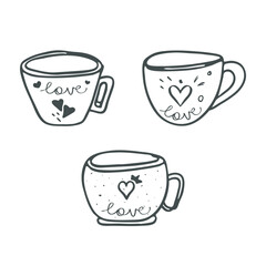 Cup love symbol Clip art Set. Doodle icon, hand drawn sketch style, decorative paint brush stroke line, black contour linear isolated elements, retro heart cartoon design. Cute Vector illustration