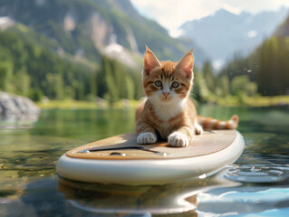 Kitten on Paddle Board in Lake, Generative AI Illustration