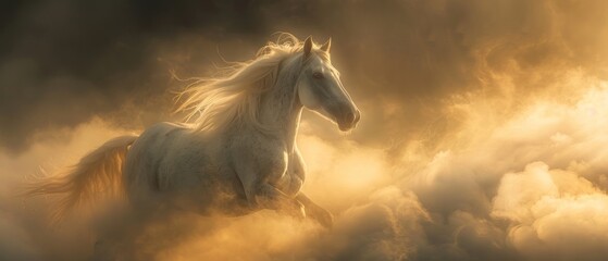 A majestic white horse glides atop a cloud surrounded by thick fog and illuminated by a beautiful light The scene is ethereal and serene as if the horse is traversing a heavenly landscape The soft
