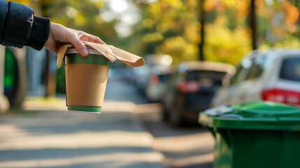 person discarding paper cup into green bin on city street, waste disposal, environmental care, World Environment Day, environment protection