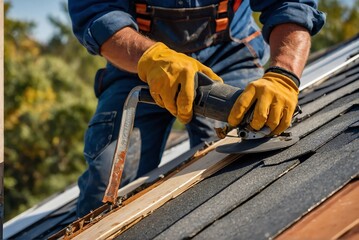 Roofer installing a roof covering. Concept of residential building under construction