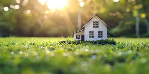 small house sitting on top of a lush green field of grass with the sun shining through the trees