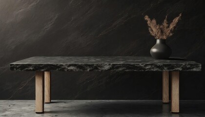 Empty table marble black countertop on black wall background