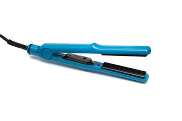 Blue hair straightener on white background