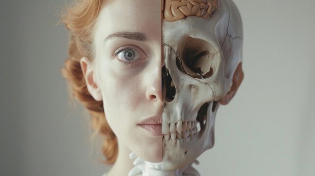 half skeleton with bones visible on one side and a human face on the other