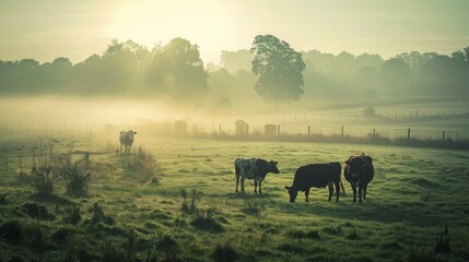 Beautiful morning landscape of pasture with cows. Photo with vintage mood effect. Cow Appreciation Day