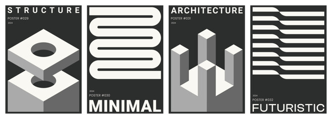 Set of modern, monochrome graphic designs with abstract and architectural elements for cover, poster, card or flyer