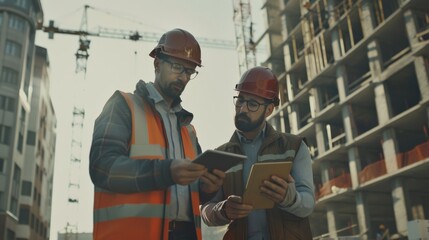 Cinematic shot of a Caucasian engineer and Hispanic urban planner strategizing over a tablet amid bustling construction