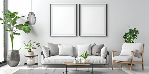 a living room with two framed pictures and a couch
