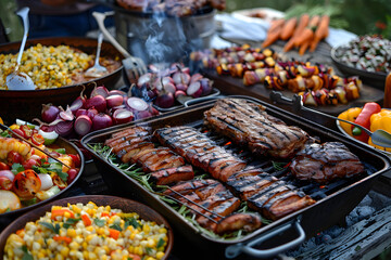Obraz premium A lively 4th of July barbecue with friends and family, featuring grilling, picnicking, and patriotic decor.