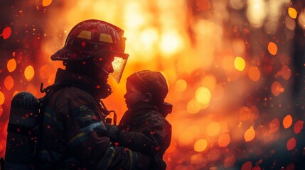 Courageous Firefighter Rescuing Child in Double Exposure Silhouette of Heroism, Emergency Scene with Copy Space and Bright Hues