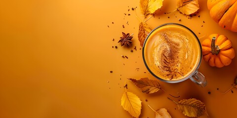a cup of coffee with a cinnamon on top of it surrounded by autumn leaves and pumpkins on a yellow background