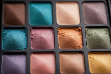 Fototapeta premium Palette with eye shadows of different colors, cosmetics and makeup, powder.