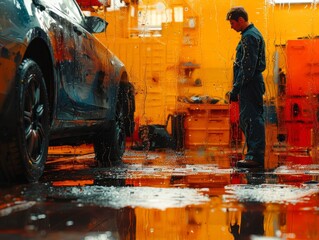 Precision Inspection: Mechanic Examining Undercarriage in Vibrant Double Exposure Silhouette at Auto Shop
