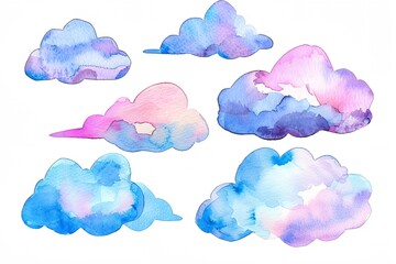 Fototapeta premium set of watercolor clouds painted in different colors of blue, pink, and purple on a white background