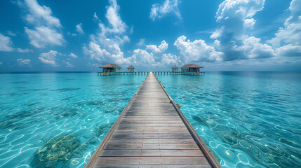 Fototapeta premium A breathtaking tropical seascape. A long wooden pier extends into the clear turquoise waters, leading to a small island with a few structures, possibly overwater villas