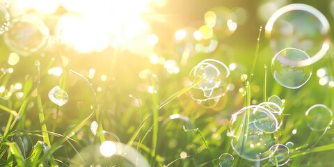 field of grass with bubbles of water on it and the sun shining through the grass
