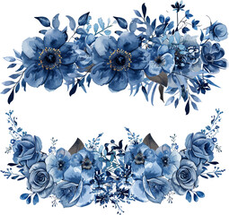 Fototapeta premium Blue flower frame background with watercolor