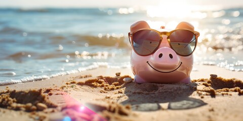 piggy bank with sunglasses on it on the beach with the sun shining in the background