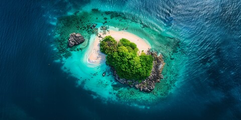 an island with a tree on it in the middle of the ocean with a sandy beach