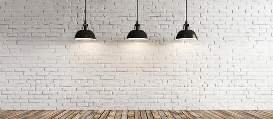 Pared de ladrillo blanco con tres lámparas colgantes, suelo de madera. Fondo interior para exhibición de obras de arte. Perfecto para exposición de carteles.