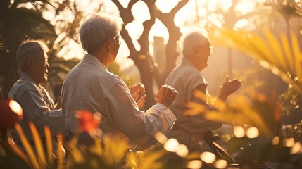 Fototapeta premium Serene Retirees Engaged in Tai Chi - Peaceful Garden Exercise for Seniors