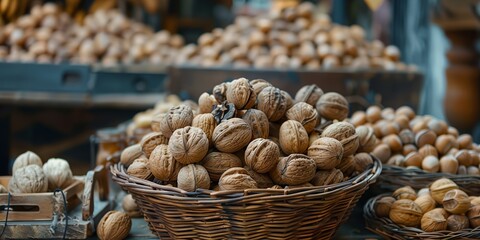 a basket of nuts sitting on a table in a store
