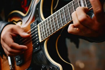 Fototapeta premium Close-up of a hand playing a guitar, highlighting fingers pressing strings and guitar details.