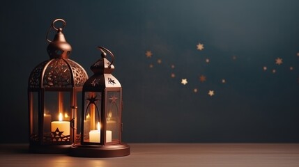 Ramadan kareem greeting card banner with Islamic crescent and lantern