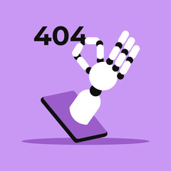 AI Robot arm. Error 404 for internet site. Flat vector illustration.
