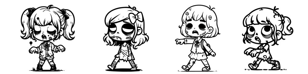 collection of cartoon zombie girl vector drawings