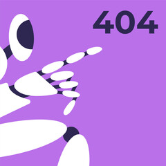 Robot point on Error 404 for internet site. Flat vector illustration.