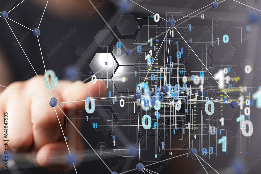 Poster Digital cyberspace with particles and Digital data network connections concept.