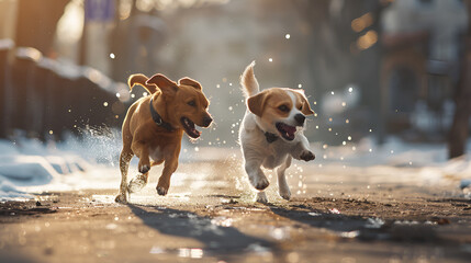 dos perros traviesos y juguetones cachorros pequeños libres corriendo por las calles y jugando con los charcos de agua animales domesticos ternura 