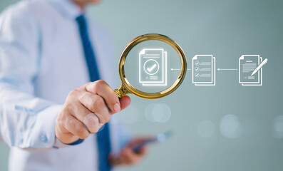 Document management service concept. Inspect check system, online document database approve, process manage file. Businessman hold magnifying glass. Audit compliance corporate business technology