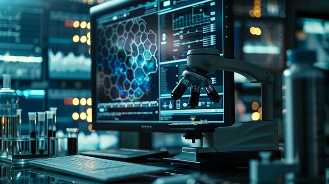 Digital scientist workplace with computer microscope test tubes, screen information discovery life