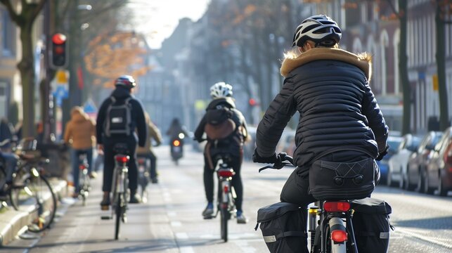 People riding bicycles in city street with red traffic light in background, green commuting urban transportation