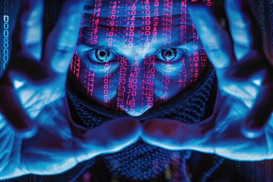 Portrait of a hacker, code data is reflected on the face, the concept of data protection