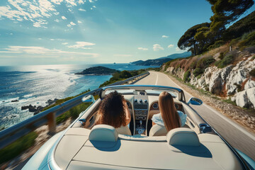 Two women enjoy a scenic drive in a convertible car along a coastal road.