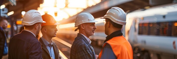 Confident railway engineers in hard hats discussing future projects on a busy train platform