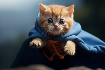 Superhero tabby cat in blue cape and mask flying on light blue background, funny animal studio shot